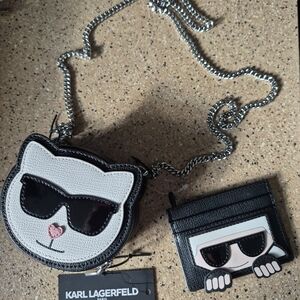 Karl Lagerfeld White & Black Cat Face Crossbody with Karl Face Card Holder